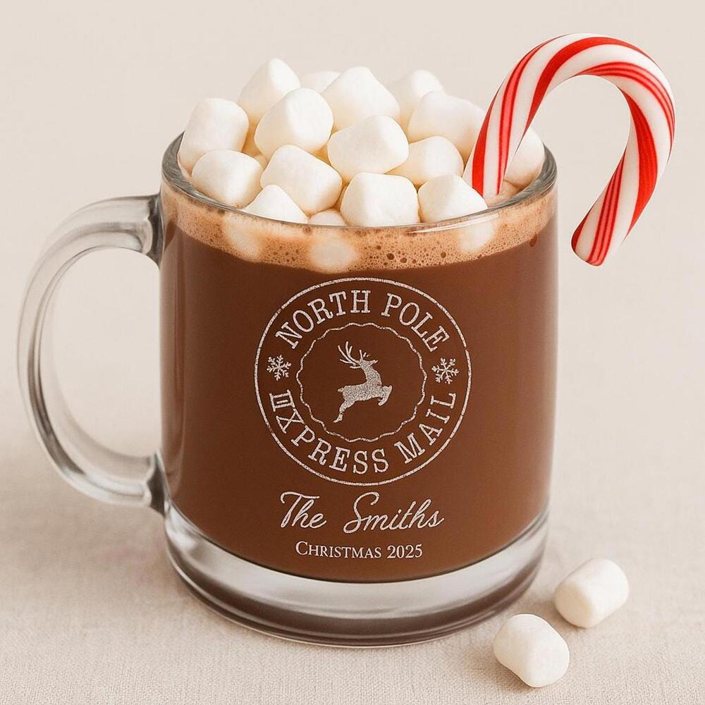 Personalized North Pole Express Hot Cocoa Glass Mug – Custom Christmas Mug